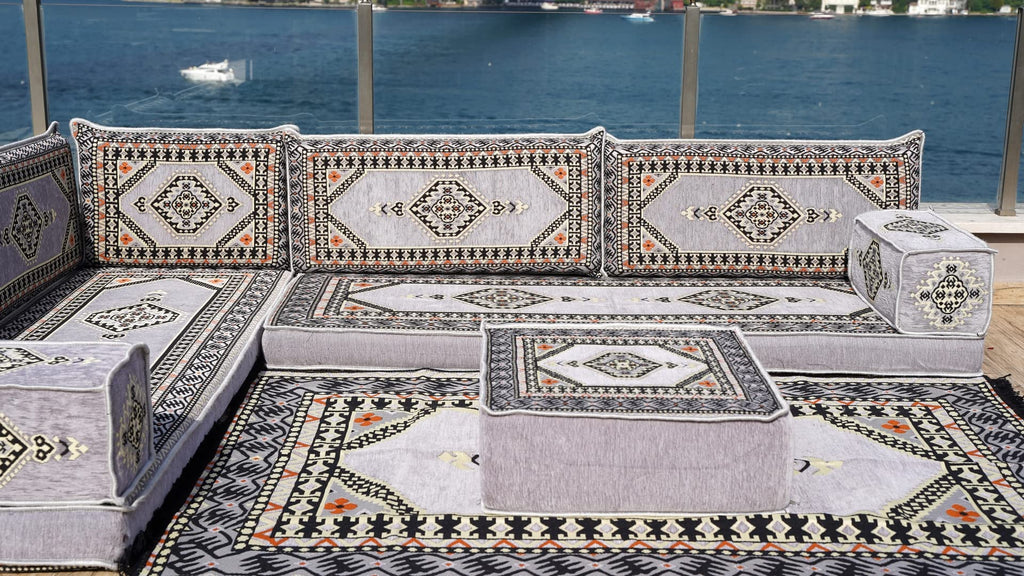 Gray L Shaped Pallet Cushions, Arabic Floor Sofa Set, Oriental Floor Seating, Sectional Floor Cushion, Indoor Floor Pillows, Arabic Majlis Set, Sofa Bed (U Sofa + Rug + Ottoman, 8'' Thickness (20 cm))