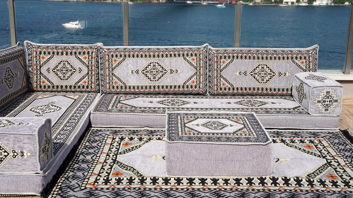 Gray L Shaped Pallet Cushions, Arabic Floor Sofa Set, Oriental Floor Seating, Sectional Floor Cushion, Indoor Floor Pillows, Arabic Majlis Set, Sofa Bed (U Sofa + Rug + Ottoman, 8'' Thickness (20 cm))