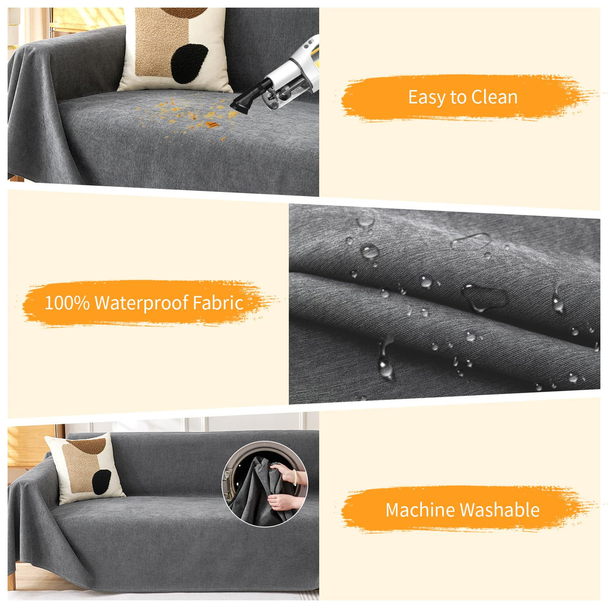 Deep Dream Cat-Scratch Resistant Couch Cover, Waterproof Sofa Cover for 3 Cushion Couch Washable, Pet Friendly Couch Protectors Anti Slip Thickened Sofa Slipcovers for Dogs Pets, 91" x 150", Brown