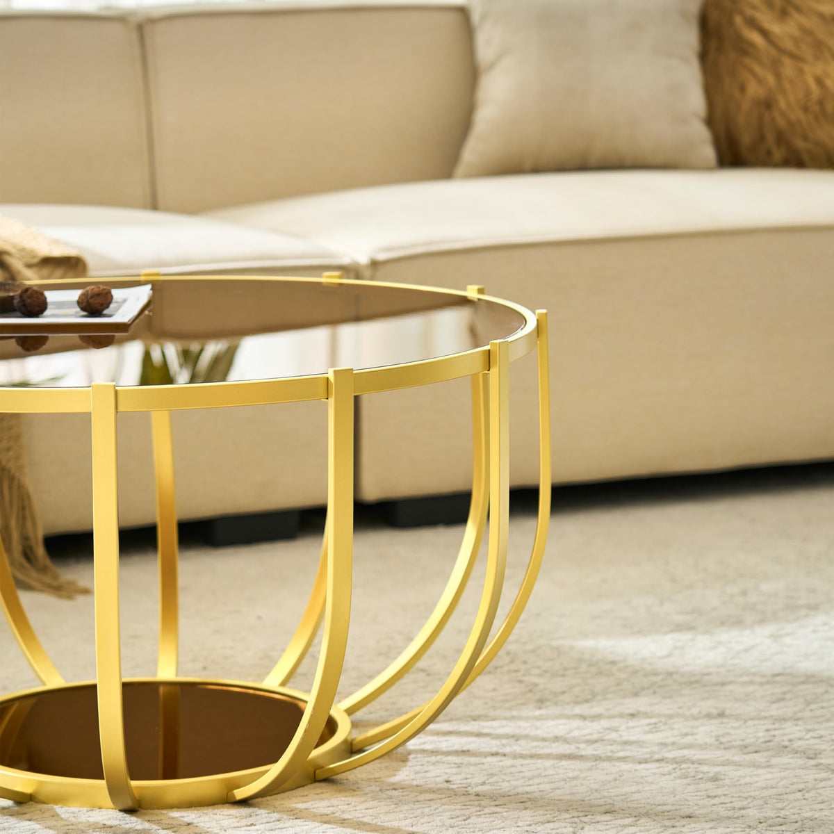 Saint Mossi Gold Round Coffee Table with Clear Glass Top and Glass Shelf