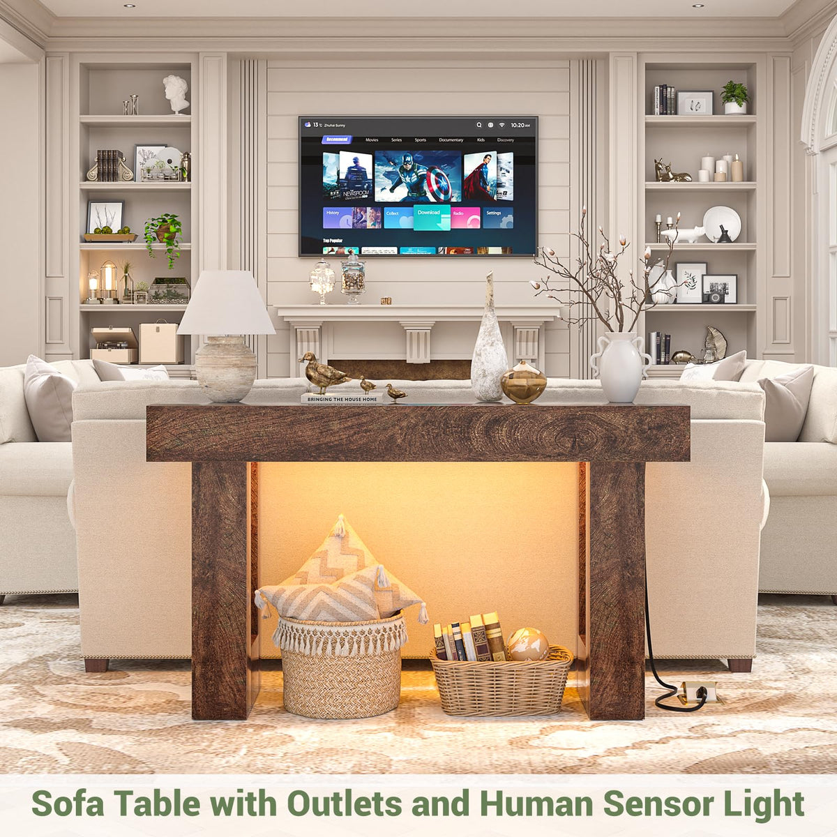 Unikito 63" Console Table with Sensor Light & AC Outlets with USB-C Ports