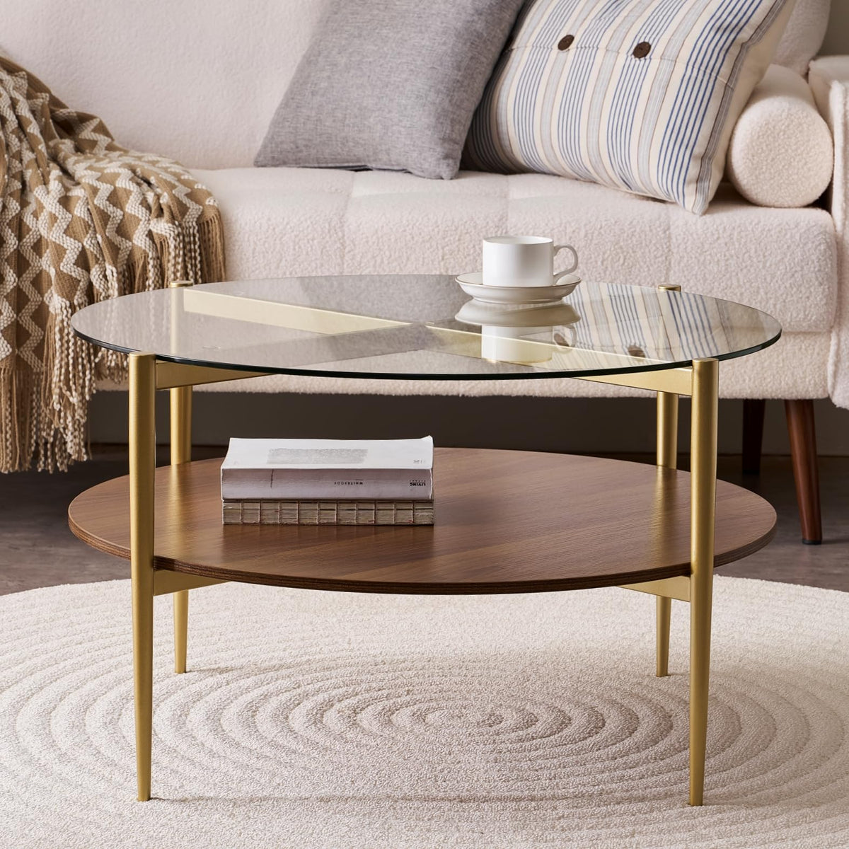 LumFurn Round Coffee Table for Living Room, Mid-Century Modern Design, D30 x H17, 2-Tier Structure, Grey Glass Top and Black Marble Finish Wood Shelf, Sleek Conical Metal Legs with Gold Finish Frame