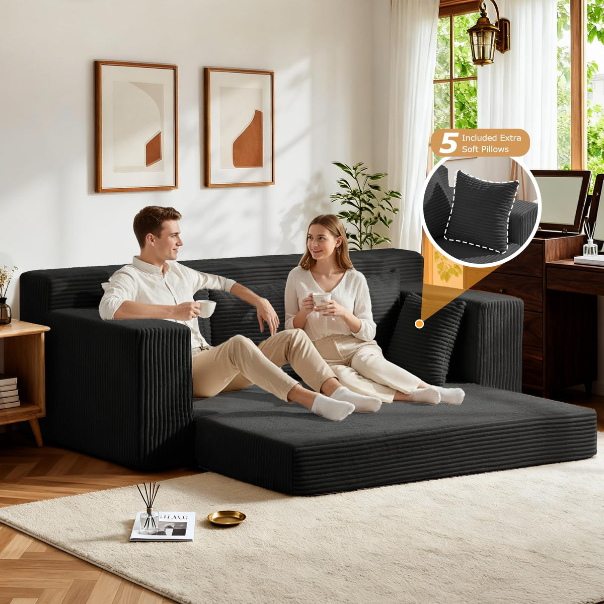 55" Small Boneless Couch, 3-in-1 Boneless Loveseat Sleeper Sofa Bed Convertible Sofa Bed with 4 Pillows, Black Corduroy Boneless Couch for Living Room, Guest Room, Small Space, No Assembly Required