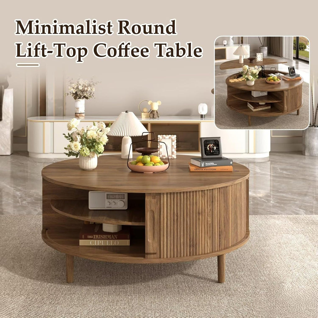 Round Lift Top Coffee Table, 39.4 Inch Minimalist Fluted Walnut Wood Cocktail Table with Hidden Divided Storage & Dual-Tier Open Side Shelves, Dark Walnut Finish Circular Living Room Center Table