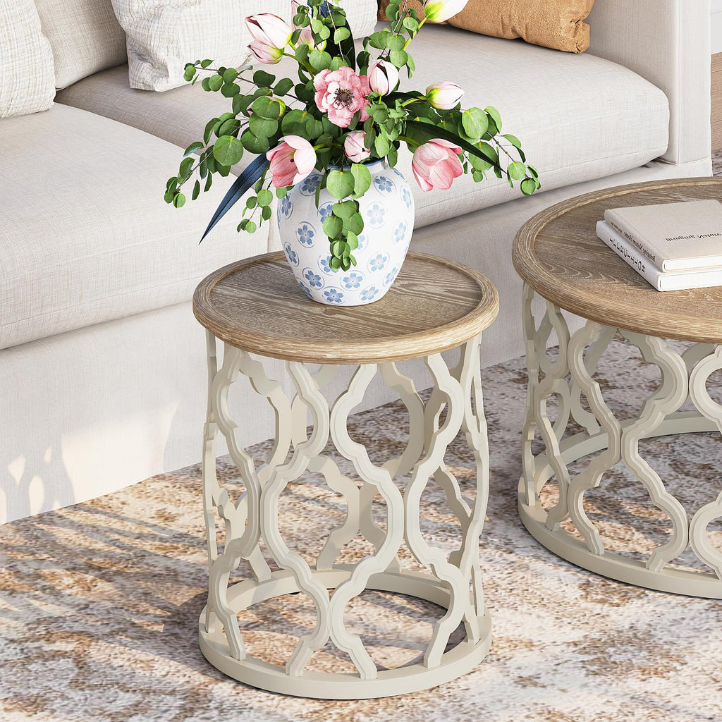 karlott Farmhouse Coffee Table, French Country Round Coffee Table, Beige