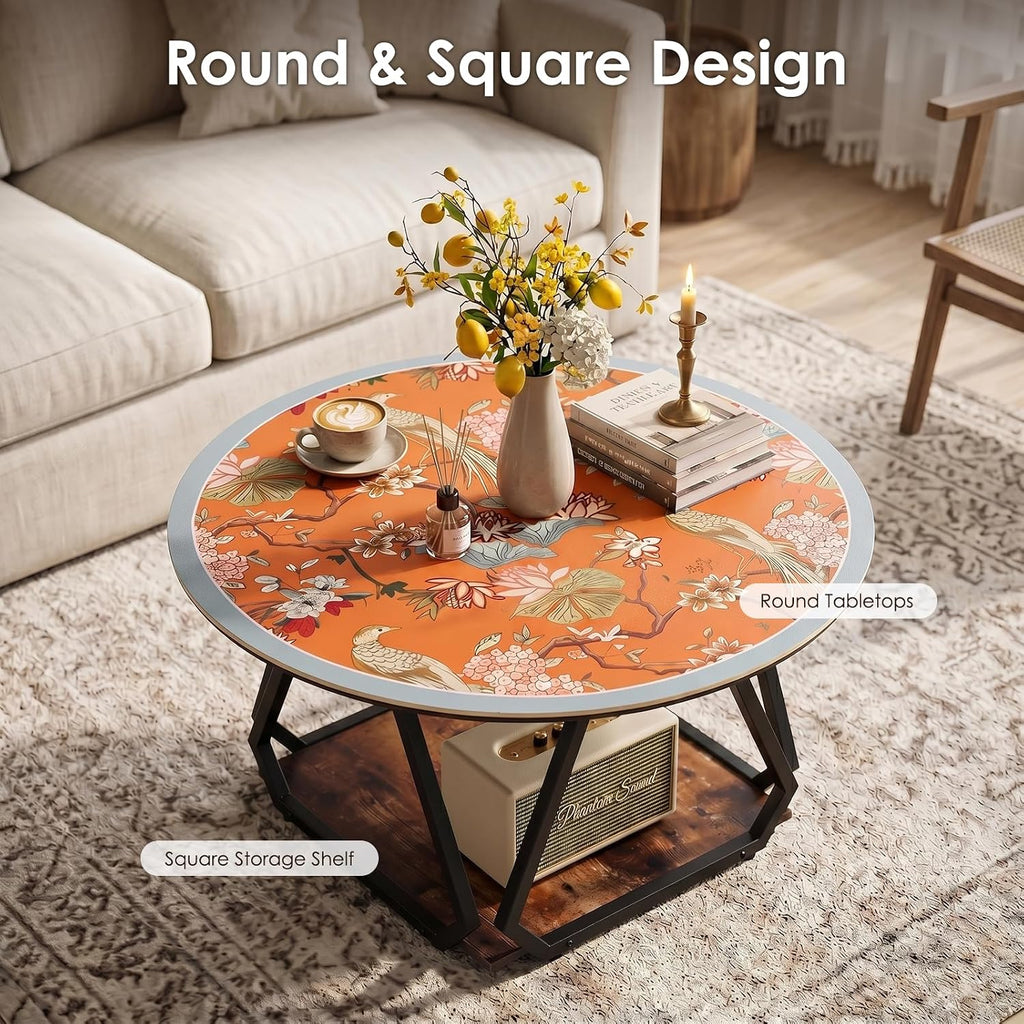 31.5" Round Coffee Table with Orange Table Mat, 2-Tier Circle Center Table