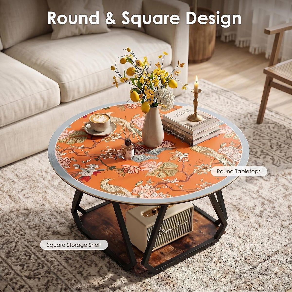 31.5" Round Coffee Table with Orange Table Mat, 2-Tier Circle Center Table