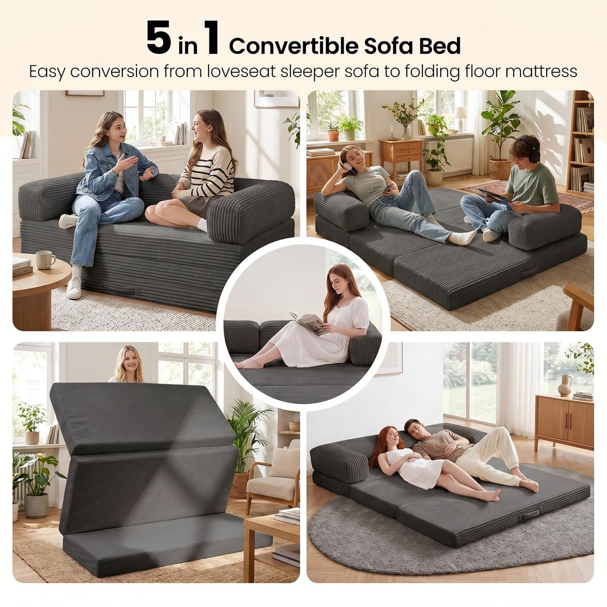Erament Futon Sofa Bed Queen, Convertible Tri Folding Mattress Foldable with Removable Armrests & Washable Cover, 5-Inch Floor Mattress with High-Density Foam, Small Pull Out Couch Bed, Beige