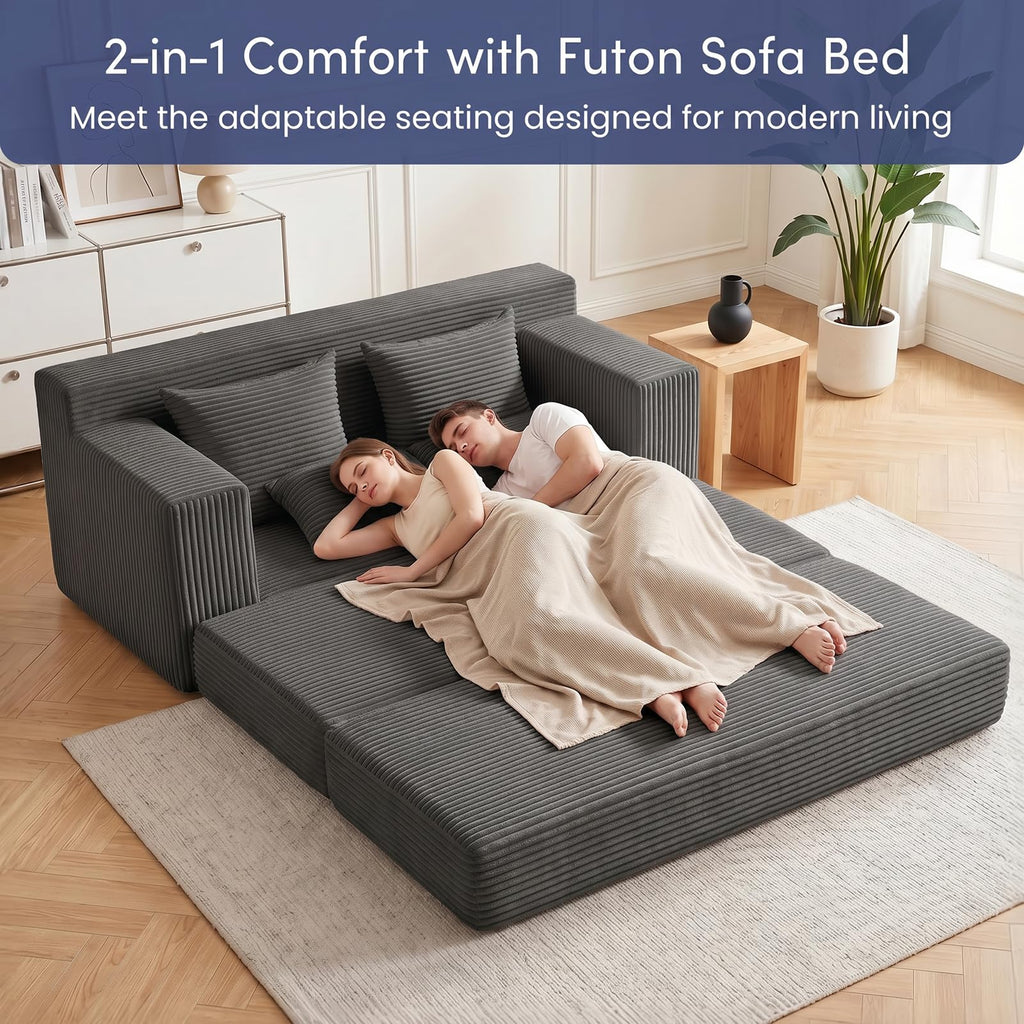cidludto Convertible Sofa Bed, 3 in 1 Loveseat Folding Couch Bed Foldable - Chaise Lounge Chair & Floor Futon Sofa, Corduroy Pull Out Sofa Bed with 4 Pillows for Living Room, Beige