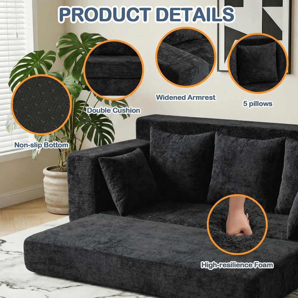 55" Small Boneless Couch, 3-in-1 Boneless Loveseat Sleeper Sofa Bed Convertible Sofa Bed with 4 Pillows, Black Corduroy Boneless Couch for Living Room, Guest Room, Small Space, No Assembly Required