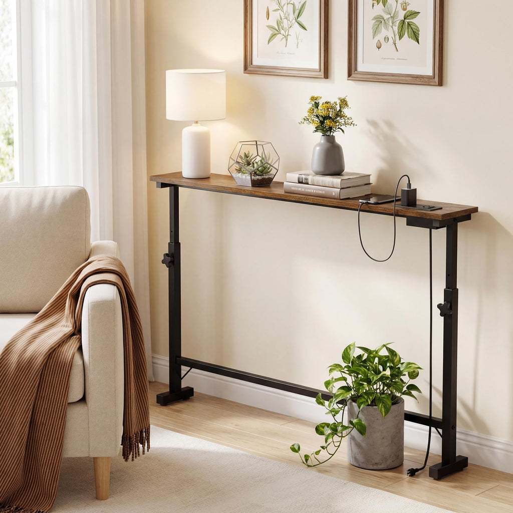 106"-157" Adjustable Length Behind Couch Sofa Table with 3 Power Outlets