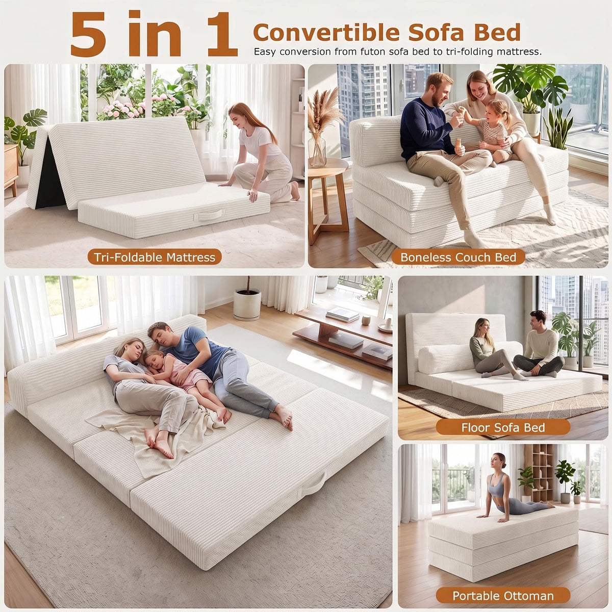 JUIKURY 6 Inch Tri-Fold Memory Foam Mattress Queen Size, 5 in 1 Convertible Sofa Bed, Foldable Floor Futon Sleeper Couch with Washable Cover & High-Density Foam, Portable Guest Bed for Living Room