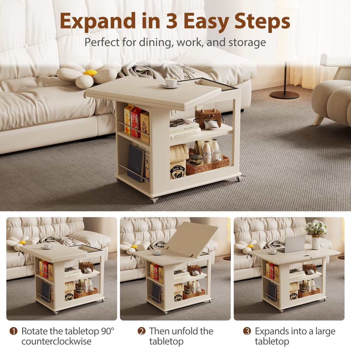 Expandable Coffee Table with Hidden Storage and Adjustable Shelves Walnut