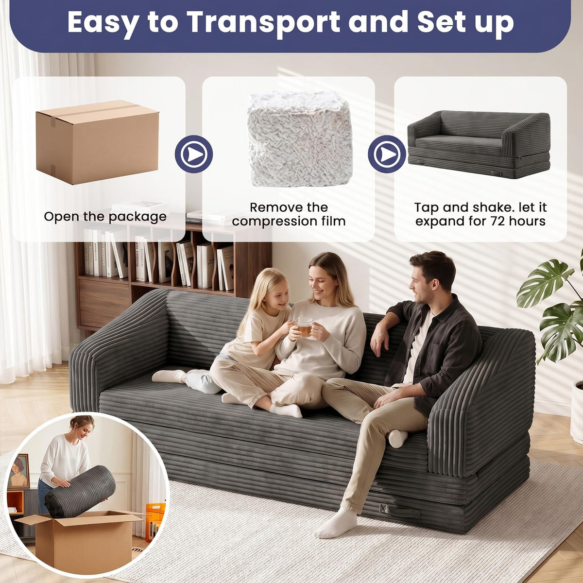 JUIKURY Convertible Sofa Bed, 3-in-1 Foldable Loveseat Couch with Armrest, Corduroy Floor Sofa & Sleeper Bed, No Assembly High-Density Foam Futon Mattress for Living Room, Small Apartment, Dorm