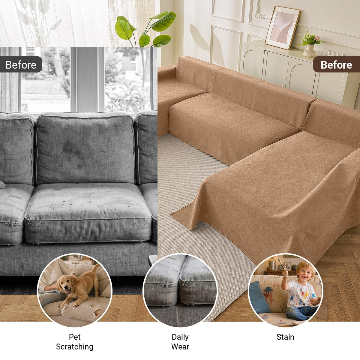 Deep Dream Sectional Couch Covers U Shape, 3 Pieces Waterproof Sofa Cover for Sectional Sofa, Non Slip U Shaped Couch Cover with Chaise Lounge for Dogs Pets, Dark Grey (2PCS 110"x63" + 1PCS 90"x71")