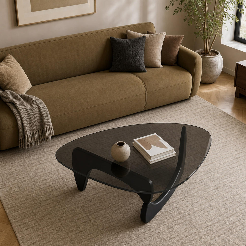 EASYSOUL Modern Glass Coffee Table, 32.68" D x 22.44" W x 15.75" H, Abstract Round Tea Tables for Living Room Home Office Industrial Cocktail Tables (Walnut-Brown Glass, 32.68")