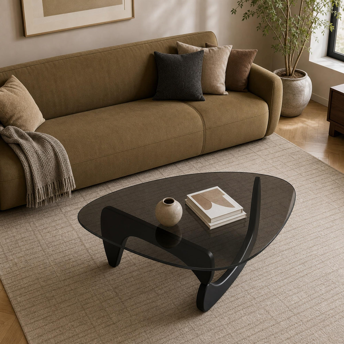 EASYSOUL Modern Glass Coffee Table, 32.68" D x 22.44" W x 15.75" H, Abstract Round Tea Tables for Living Room Home Office Industrial Cocktail Tables (Walnut-Brown Glass, 32.68")