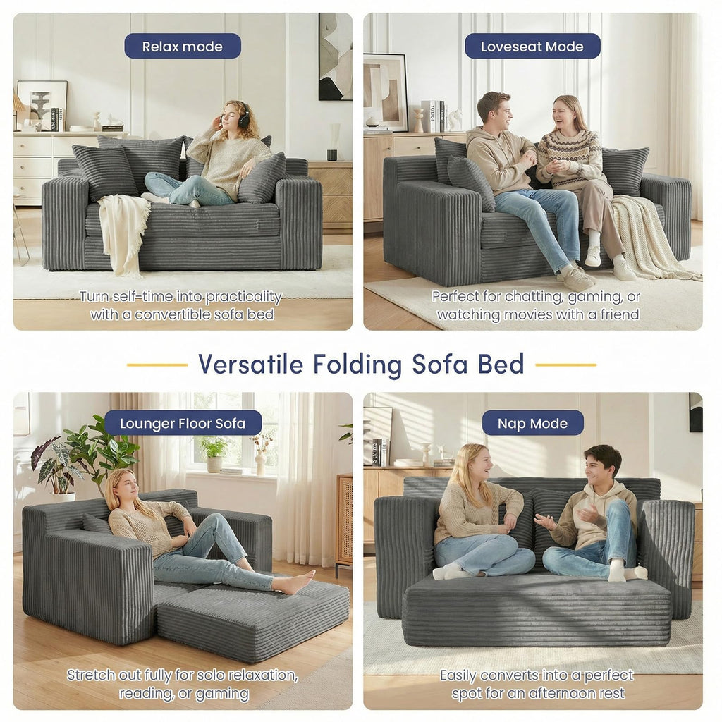 cidludto Convertible Sofa Bed, 3 in 1 Loveseat Folding Couch Bed Foldable - Chaise Lounge Chair & Floor Futon Sofa, Corduroy Pull Out Sofa Bed with 4 Pillows for Living Room, Beige