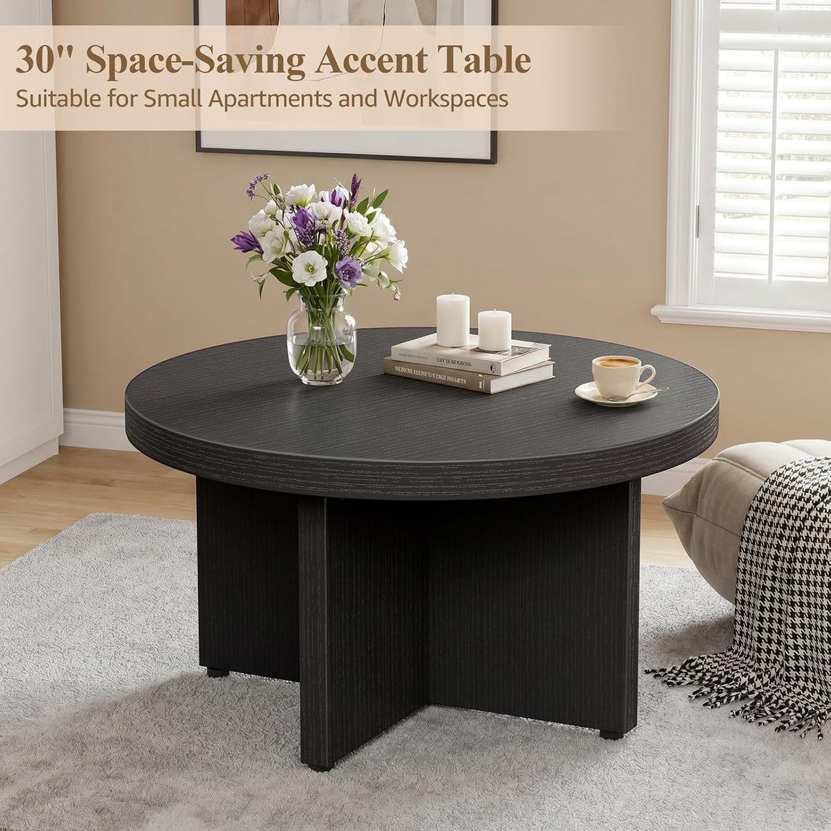 Small Black Round Coffee Table - 30 inch Wood Coffee Tables for Living Room Modern Circle Tea Table Circular Center Table for Apartment