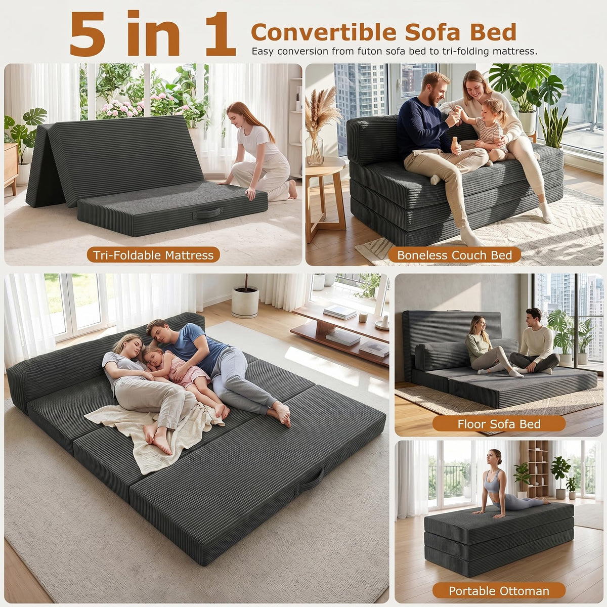 JUIKURY 6 Inch Tri-Fold Memory Foam Mattress Queen Size, 5 in 1 Convertible Sofa Bed, Foldable Floor Futon Sleeper Couch with Washable Cover & High-Density Foam, Portable Guest Bed for Living Room