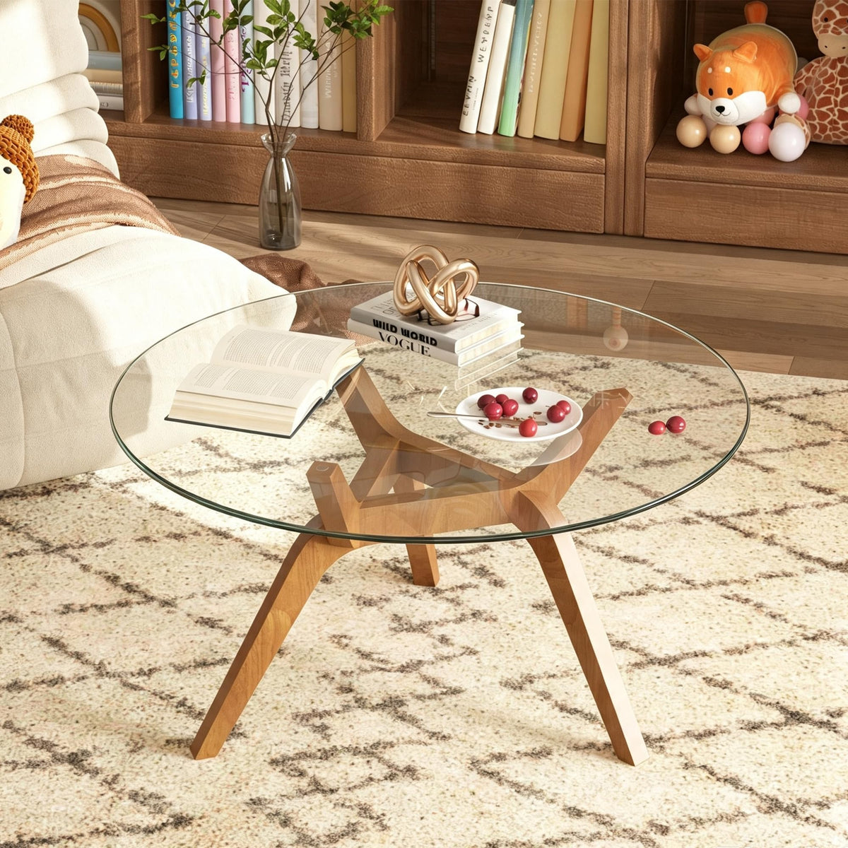 Glass Coffee Table, Small Round Coffee Tables with Solid Wood Legs, Mid Century Modern Center Table with Glass Top for Small Spaces, Living Room, 31.5x31.5x15.4