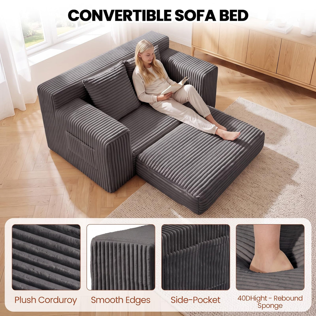 Small Boneless Couch, Boneless Loveseat Convertible Sofa Bed Sleeper Sofa Couch Bed with 2 Pillows, Corduroy Folding Floor Futon Foldable Boneless Couch for Living Room, Guest Room, Small Space, Black