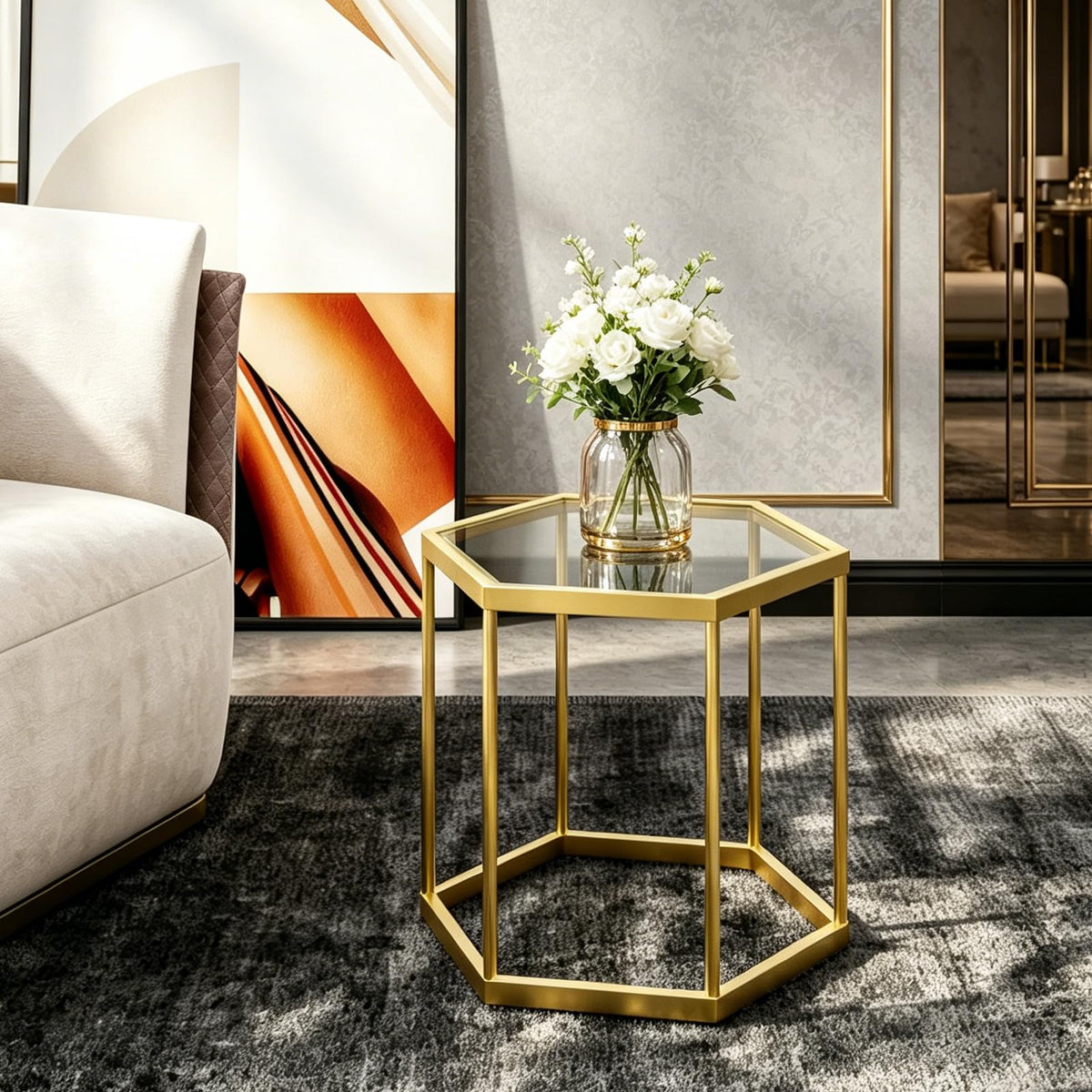 Hexagonal Modular Coffee Table, Gold Plated Frame, Tempered Glass Top, Geometric Accent Side Table, Multi-Purpose Nesting Table for Living Room Bedroom, Set of 3