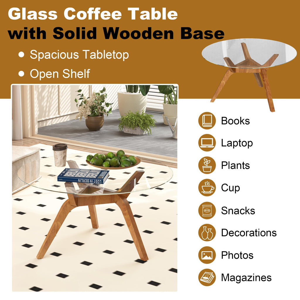 Glass Coffee Table, Small Round Coffee Tables with Solid Wood Legs, Mid Century Modern Center Table with Glass Top for Small Spaces, Living Room, 31.5x31.5x15.4
