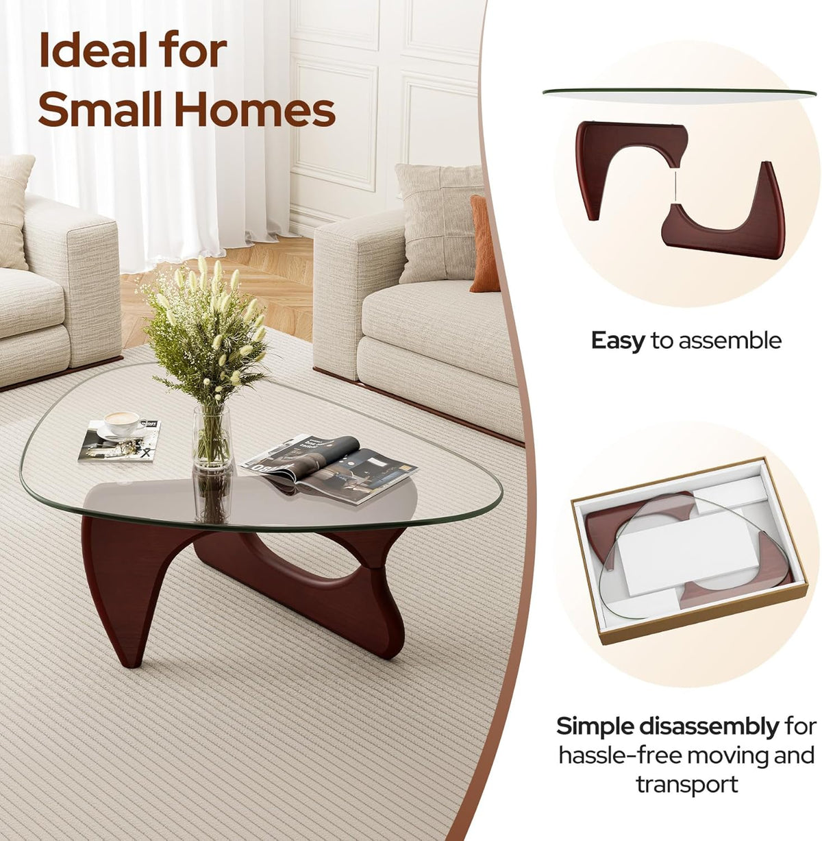 Modern Glass Coffee Table, Mid Century Triangle Coffee Table for Living Room Bedroom Reception Office Tables