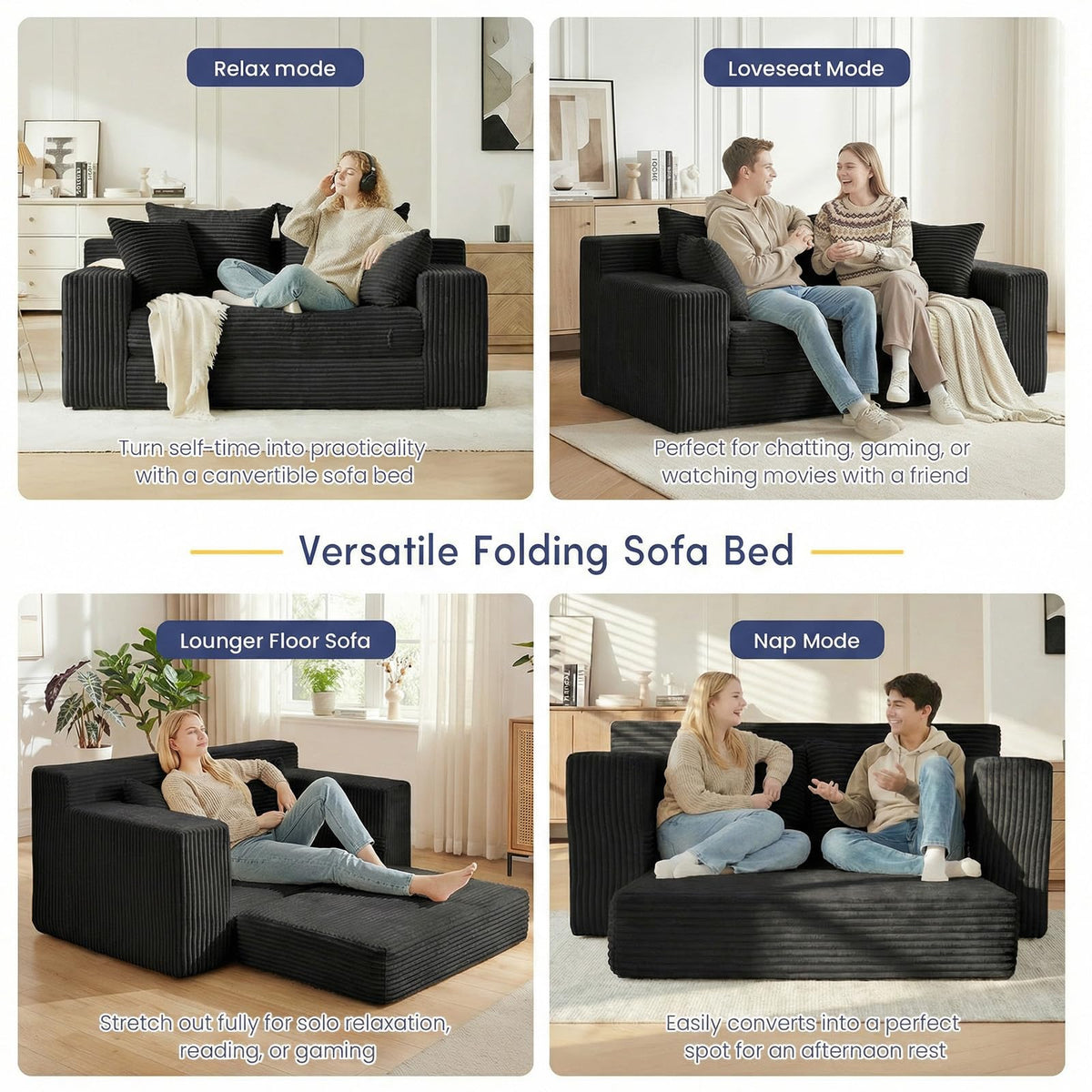 cidludto Convertible Sofa Bed, 3 in 1 Loveseat Folding Couch Bed Foldable - Chaise Lounge Chair & Floor Futon Sofa, Corduroy Pull Out Sofa Bed with 4 Pillows for Living Room, Beige