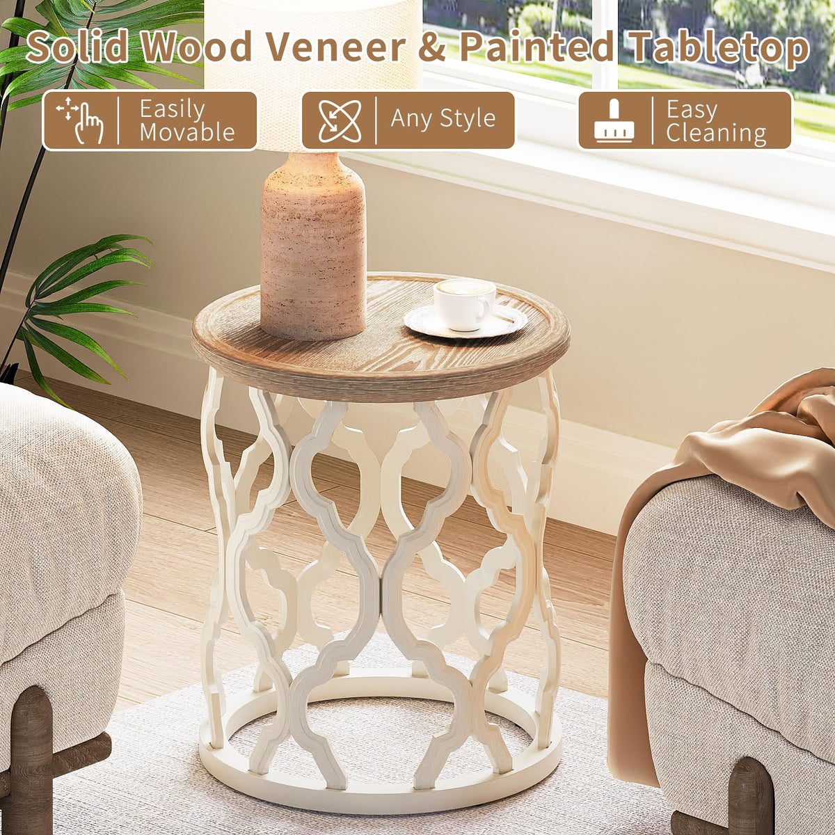 karlott Farmhouse Coffee Table, French Country Round Coffee Table, Beige