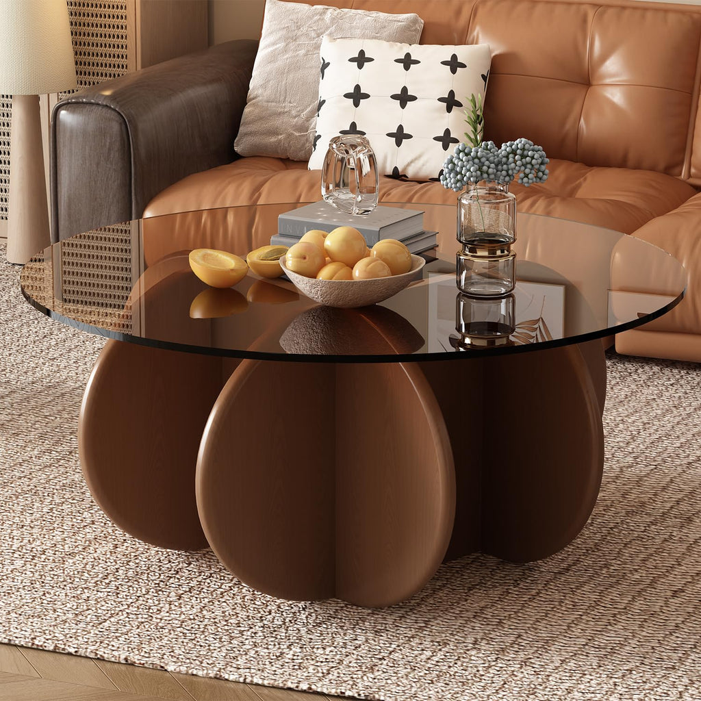 31.5'' Round Coffee Table with Tempered Glass Top, Modern Center Table for Small Spaces - Sturdy Walnut Board Frame, Simple Design for Living Room, Home, Office - Easy Assembly. (Walnut + Brown)