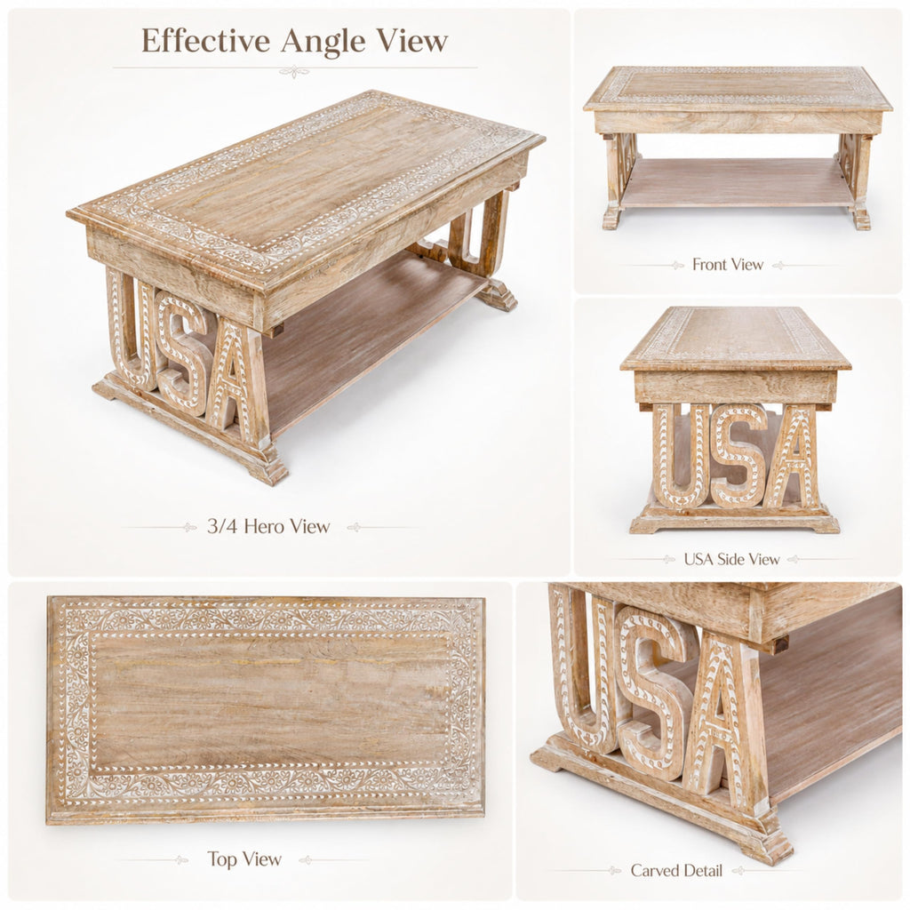 Farmhouse Coffee Table, Jali Carving, 36x24x18 in, Burnt
