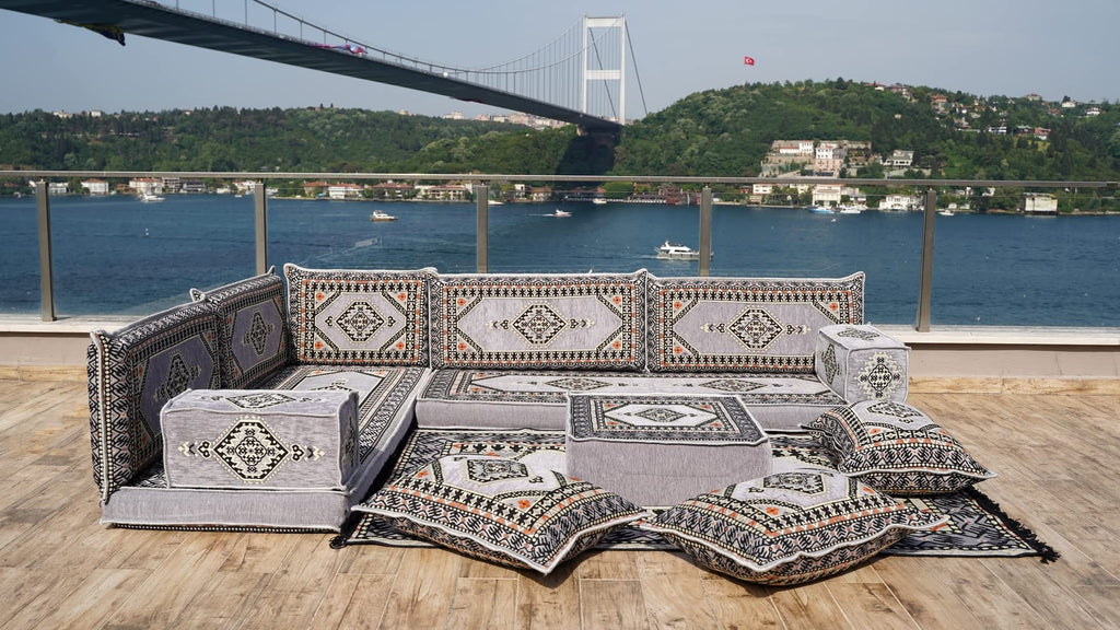 Gray L Shaped Pallet Cushions, Arabic Floor Sofa Set, Oriental Floor Seating, Sectional Floor Cushion, Indoor Floor Pillows, Arabic Majlis Set, Sofa Bed (U Sofa + Rug + Ottoman, 8'' Thickness (20 cm))