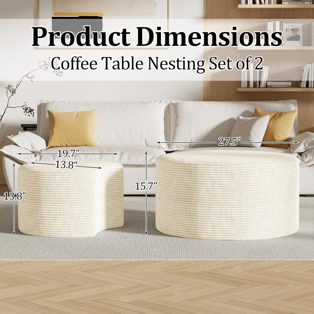 Round Nesting Coffee Table Set of 2,Upholstered Foam Ottoman Footrest Side Table Set,Modern Flannel Circle Coffee Table No Assembly for Living Room Entryway Bedroom,Black