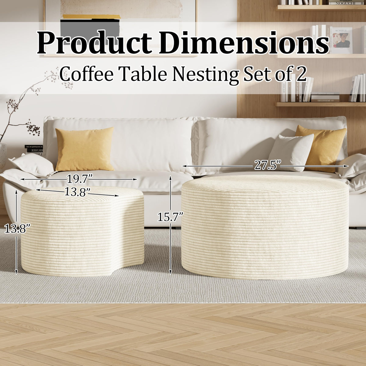 Round Nesting Coffee Table Set of 2,Upholstered Foam Ottoman Footrest Side Table Set,Modern Flannel Circle Coffee Table No Assembly for Living Room Entryway Bedroom,Black