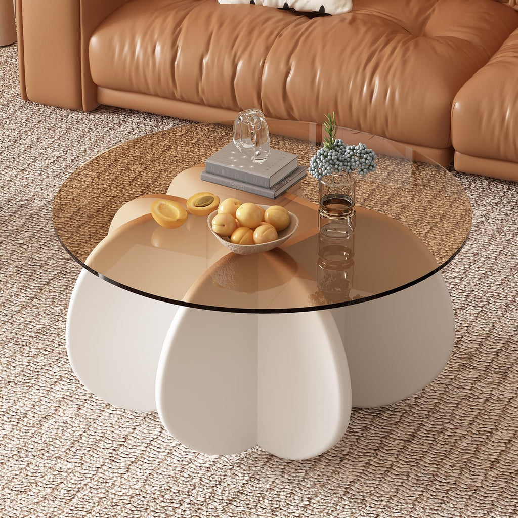 31.5'' Round Coffee Table with Tempered Glass Top, Modern Center Table for Small Spaces - Sturdy Walnut Board Frame, Simple Design for Living Room, Home, Office - Easy Assembly. (Walnut + Brown)