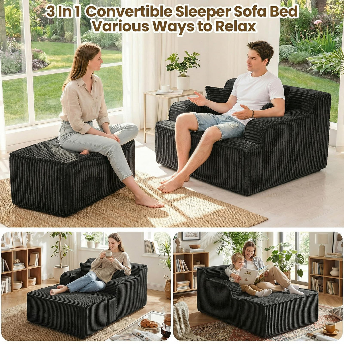Chaise Lounge Chair Indoor,Boneless Chair with Ottoman,Comfy Reading Chair for Adults,Small Sofa Bed Couch for Living Room,Single Sleeper Chair Bed,Beige