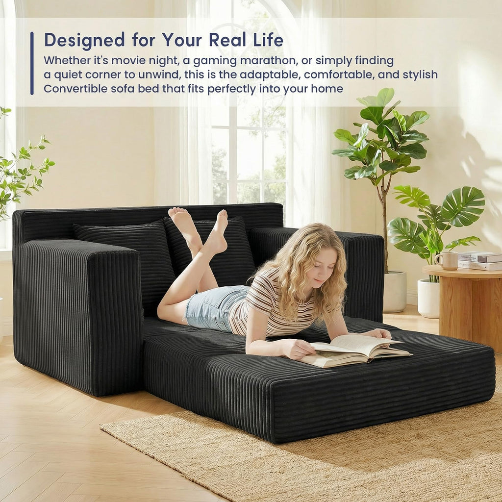cidludto Convertible Sofa Bed, 3 in 1 Loveseat Folding Couch Bed Foldable - Chaise Lounge Chair & Floor Futon Sofa, Corduroy Pull Out Sofa Bed with 4 Pillows for Living Room, Beige