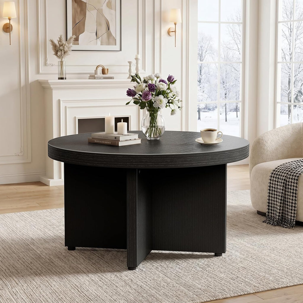 Small Black Round Coffee Table - 30 inch Wood Coffee Tables for Living Room Modern Circle Tea Table Circular Center Table for Apartment
