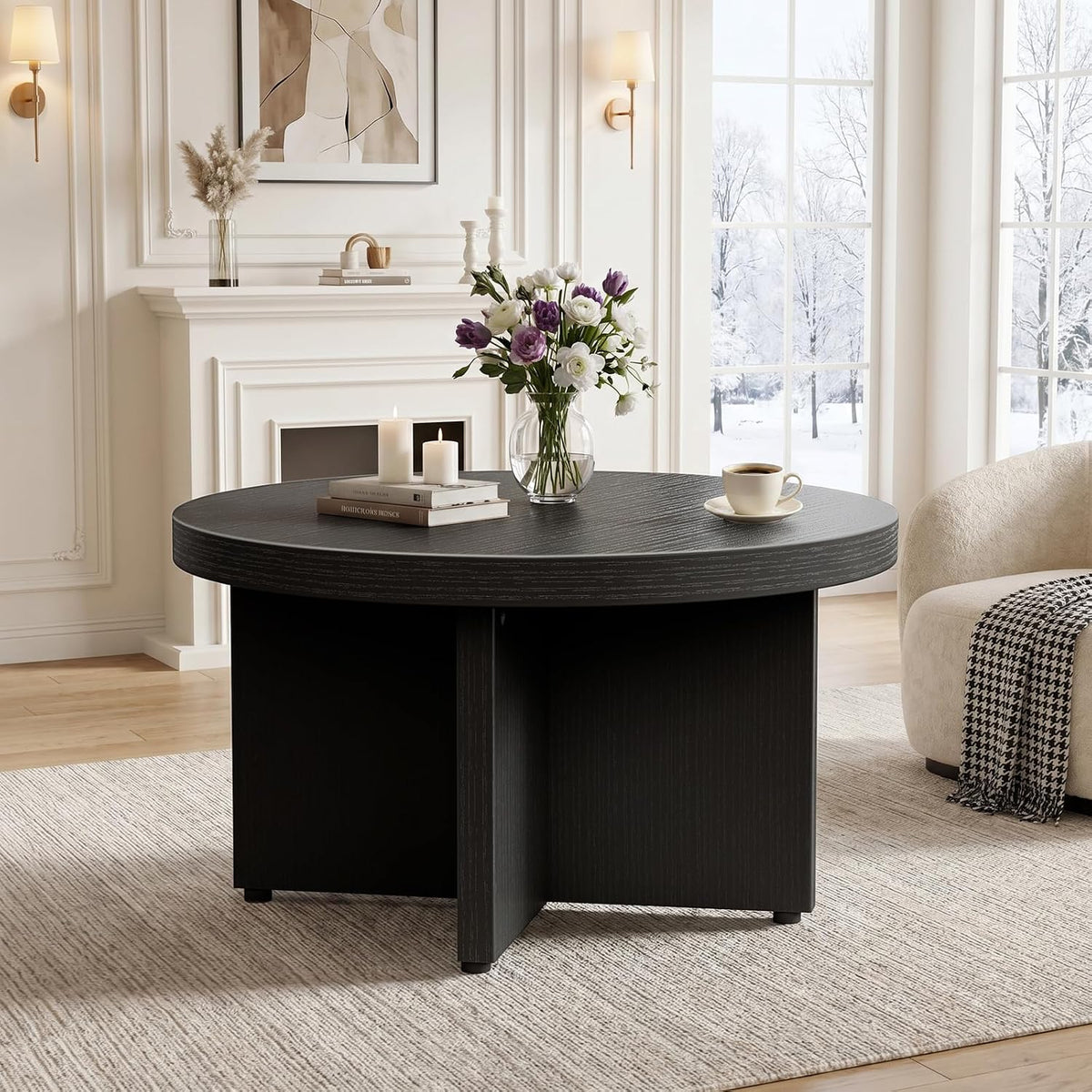 Small Black Round Coffee Table - 30 inch Wood Coffee Tables for Living Room Modern Circle Tea Table Circular Center Table for Apartment