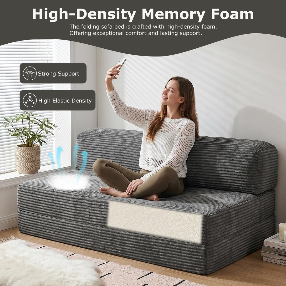 55" Small Boneless Couch, 3-in-1 Boneless Loveseat Sleeper Sofa Bed Convertible Sofa Bed with 4 Pillows, Black Corduroy Boneless Couch for Living Room, Guest Room, Small Space, No Assembly Required