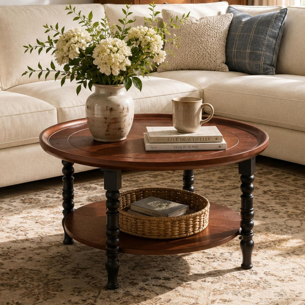 Saint Mossi French Country Coffee Table for Living Room, Mid-Century Modern Round Coffee Table, 2-Tier Wood Center Table, Wanlut Wood Top and French Style Table Legs