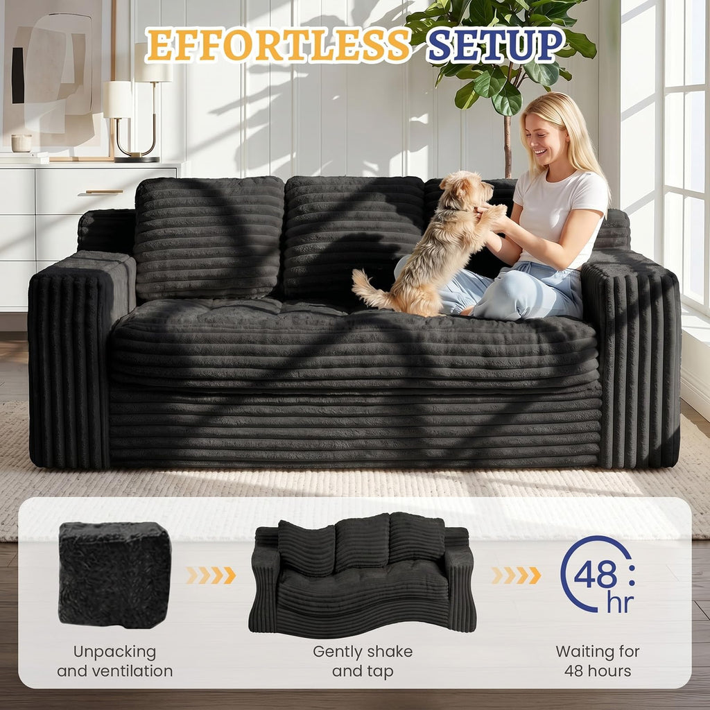 Boneless Couch, Cloud Loveseat Sofa Corduroy Couch in a Box, Upholstered Boneless 3 Seater Couch for Living Room Bedroom Office Apartment