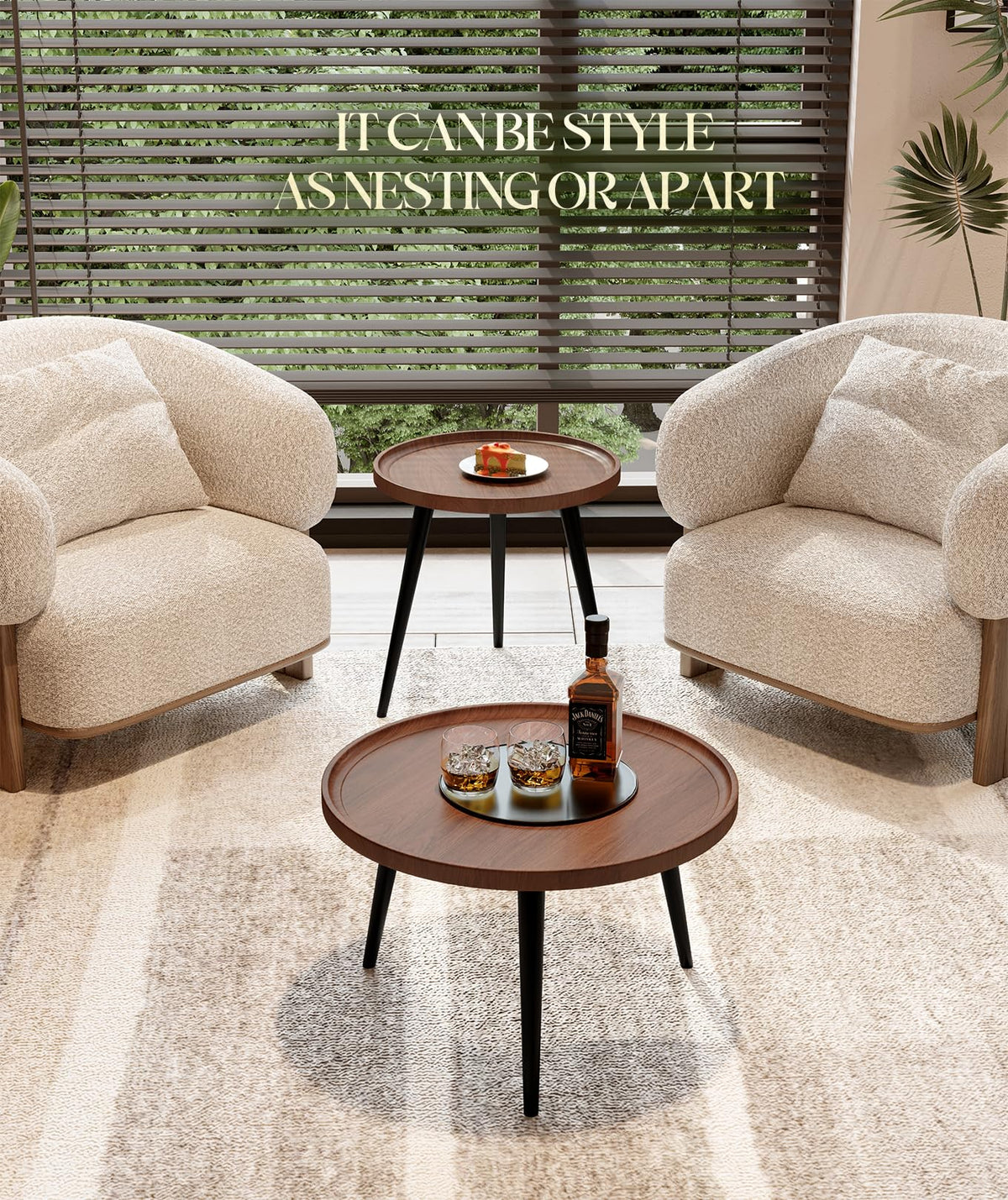 2 Pcs Small Oval Coffee Table,31.5" Retro Walnut Coffee Tables Nesting Tables Set,Easy Assembly Mid Century Modern Coffee Tables for Living Room Office,Coffee Table and End Table Sets