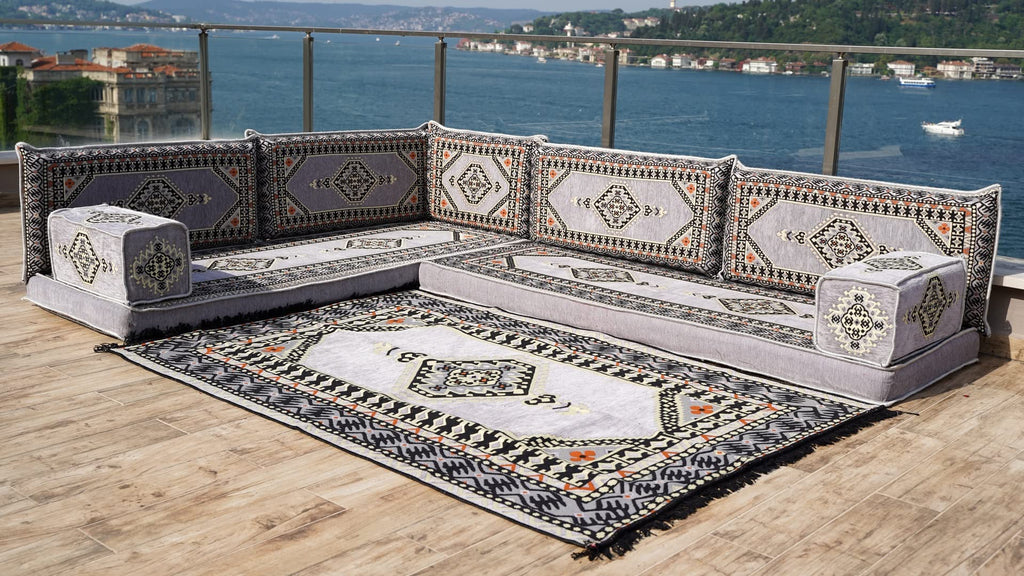 Gray L Shaped Pallet Cushions, Arabic Floor Sofa Set, Oriental Floor Seating, Sectional Floor Cushion, Indoor Floor Pillows, Arabic Majlis Set, Sofa Bed (U Sofa + Rug + Ottoman, 8'' Thickness (20 cm))