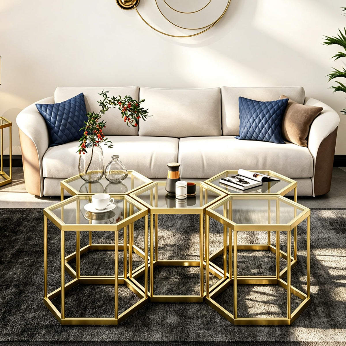 Hexagonal Modular Coffee Table, Gold Plated Frame, Tempered Glass Top, Geometric Accent Side Table, Multi-Purpose Nesting Table for Living Room Bedroom, Set of 3