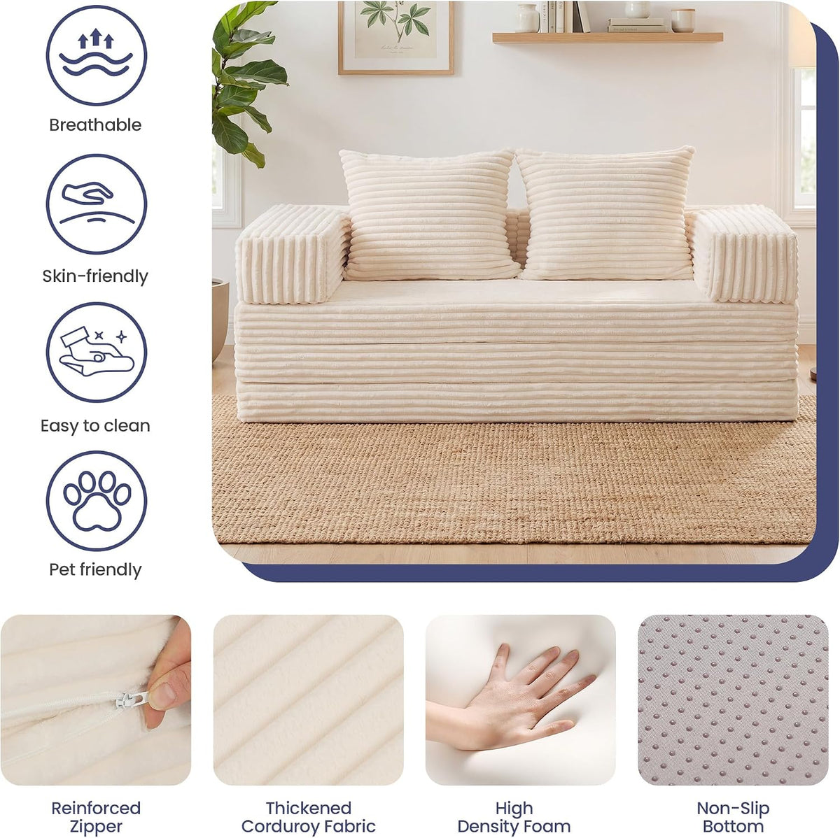 Convertible Sofa Bed, 4-in-1 Boneless Loveseat with Removable Armrests Backrest, Corduroy Futon Couch Bed with Pillow, Foldable Mattress Sleeper Sofa for Living Room Bedroom Small Place (Beige)