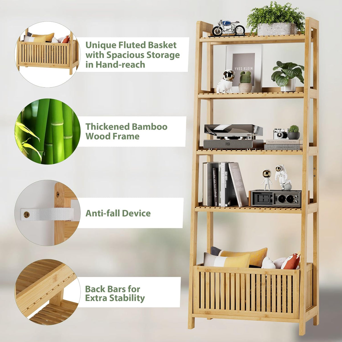 Bamjoy Bamboo Ladder Shelf, Bookshelf with 4 Display Shelves and 1 Open Storage Basket, Multifunctional Storage Rack Organizer for Home Office, Bedroom, Living Room, 66â H Natural