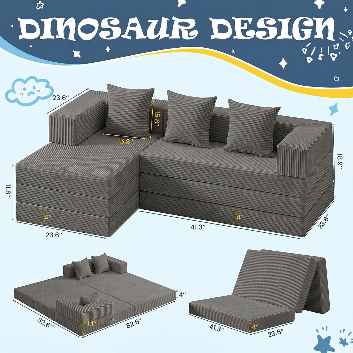 Modular Kids Play Couch, Convertible Toddler Sectional Sofa, Soft Cloud Corduroy Kids Sofa Bed with 3 Pillows, Safe No Edge Foam Play Furniture for Boys Girls Playroom Bedroom